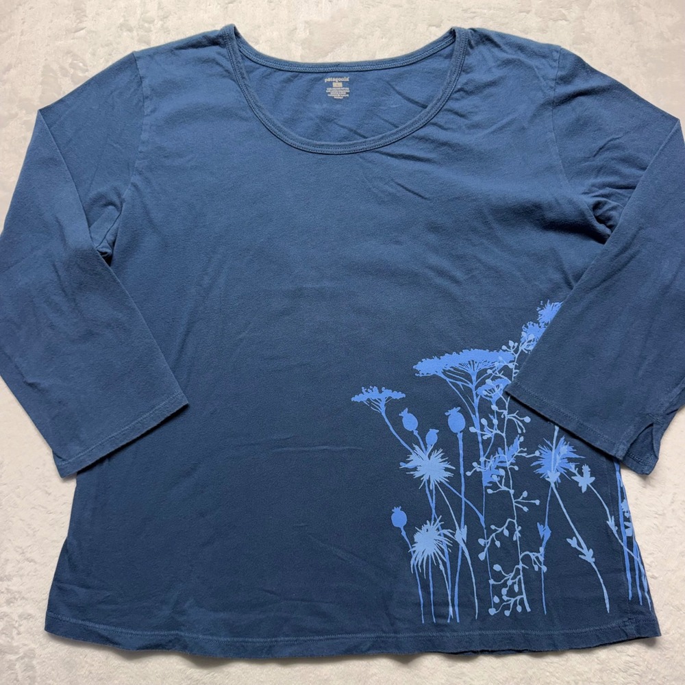 Patagonia Top Womens L Blue Organic Cotton Wildflower Graphic 3/4 Sleeve